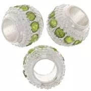 7x6mm Flat Round Bead with rhinestones - Silver - Light Green x1
