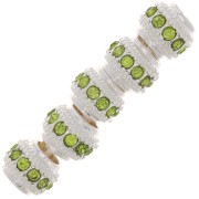 7x6mm Flat Round Bead with rhinestones - Silver - Light Green x1