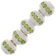 7x6mm Flat Round Bead with rhinestones - Silver - Light Green x1