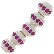 7x6mm Flat Round Bead with rhinestones - Silver - Fuchsia x1