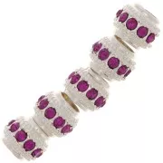 7x6mm Flat Round Bead with rhinestones - Silver - Fuchsia x1