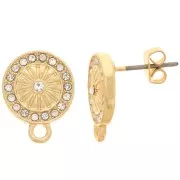 11mm Round Earstuds with rhinestones and ring - Gold - Crystal x2