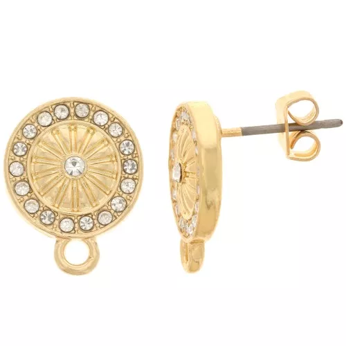 11mm Round Earstuds with rhinestones and ring - Gold - Crystal x2