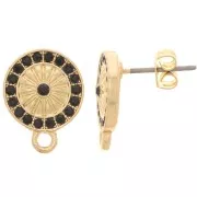 11mm Round Earstuds with rhinestones and ring - Gold - Black x2