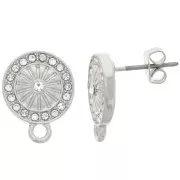 11mm Round Earstuds with rhinestones and ring - Rhodium - Crystal x2