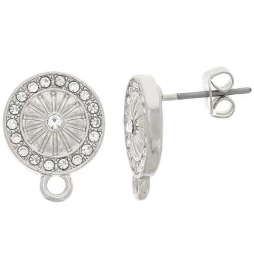 11mm Round Earstuds with rhinestones and ring - Rhodium - Crystal x2