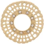 24mm Multi-Hole Round Ribbed Spacer with Rhinestone - Gold - Crystal x1