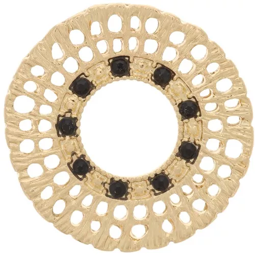 24mm Multi-Hole Round Ribbed Spacer with Rhinestone - Gold - Black x1