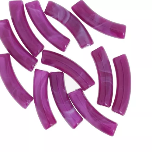 Clear acrylic 32x8 mm curved tube beads - Marbled Plum x6
