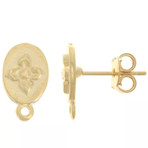 13x8mm Oval earstuds flower design with closed ring - Fine Gold plated x2