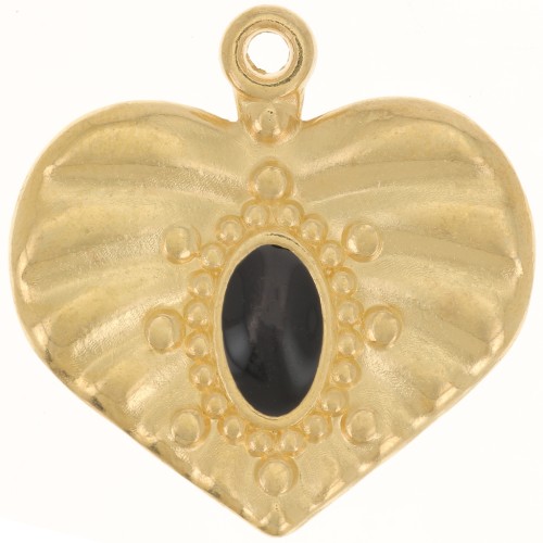 26mm pleated effect heart pendant with epoxy resin - Gold plated - Black x1