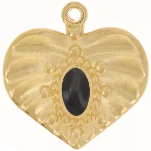 26mm pleated effect heart pendant with epoxy resin - Gold plated - Black x1