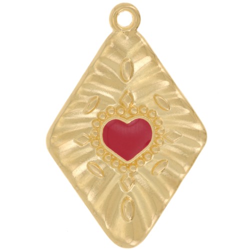 36x24mm diamond effect Heart pendant - Fine gold plated - Red x1