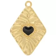 36x24mm diamond effect Heart pendant - Fine gold plated - Black x1