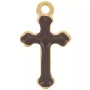 19x11mm epoxy resin Cross Charm - Fine Gold Tone - Dark Brown x1