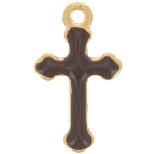 19x11mm epoxy resin Cross Charm - Fine Gold Tone - Dark Brown x1