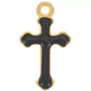 19x11mm epoxy resin Cross Charm - Fine Gold Tone - Black x1