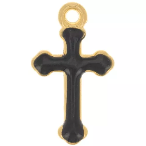 19x11mm epoxy resin Cross Charm - Fine Gold Tone - Black x1