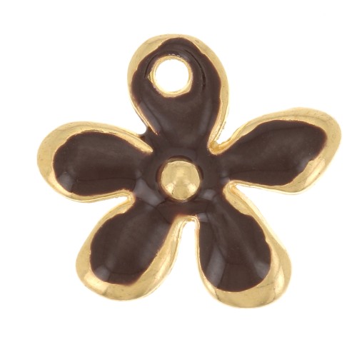 12.5x14mm Flower charm in epoxy resin - Fine Gold plated - Dark Brown x1