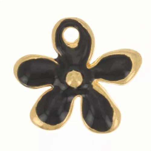 12.5x14mm Flower charm in epoxy resin - Fine Gold plated - Black x1