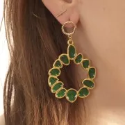 39mm Round irregular pendant with epoxy resin - Gold plated - Dark Green x1