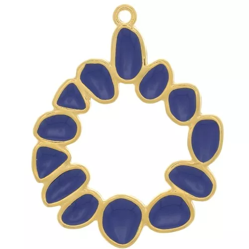 39mm Round irregular pendant with epoxy resin - Gold plated - Dark blue x1