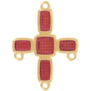36x27.5mm Cross chandelier pendant 3 rings & epoxy resin Fine gold - Red x1