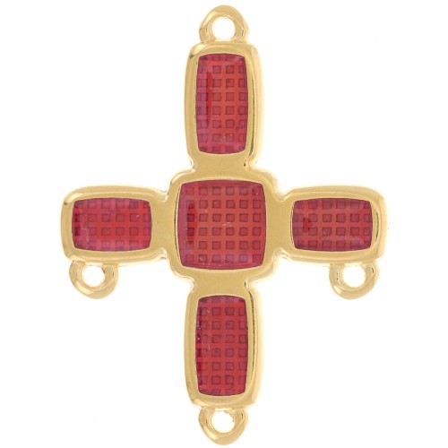 36x27.5mm Cross chandelier pendant 3 rings & epoxy resin Fine gold - Red x1