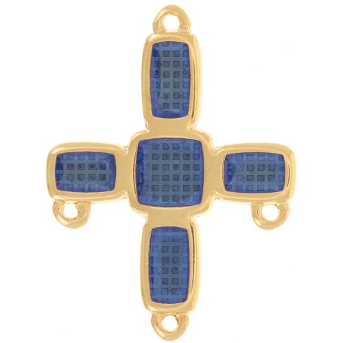 36x27.5mm Cross chandelier pendant 3 rings & epoxy resin Fine gold - Blue x1
