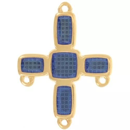36x27.5mm Cross chandelier pendant 3 rings & epoxy resin Fine gold - Blue x1