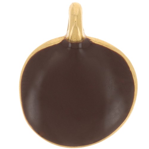 12mm Round irregular charm in epoxy resin - Fine Gold plated - Dark Brown x1