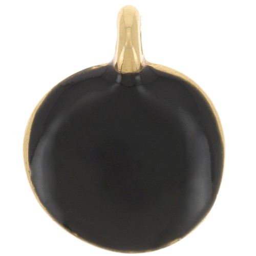 12mm Round irregular charm in epoxy resin - Fine Gold plated - Black x1