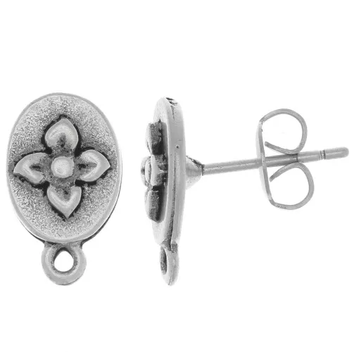 13x8mm Oval earstuds with flower pattern and closed ring - Antique Silver Tone x2