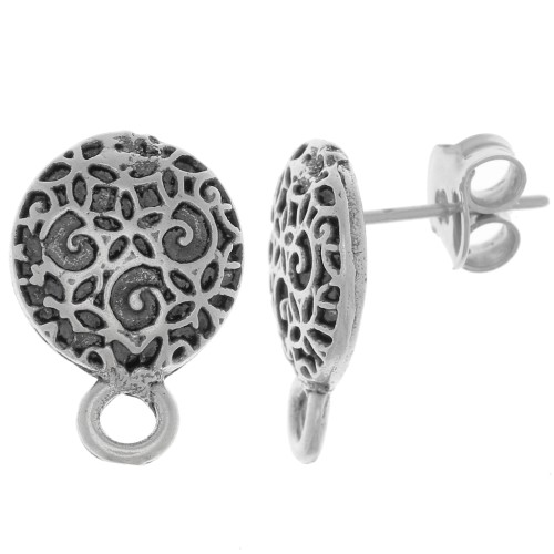 11mm Round worked earstuds - Antique Silver x2