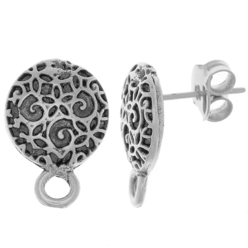 11mm Round worked earstuds - Antique Silver x2