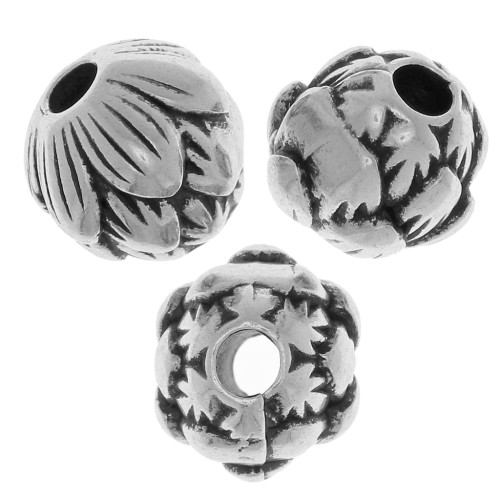 8mm Round bead flower pattern - Antique Silver Tone x1