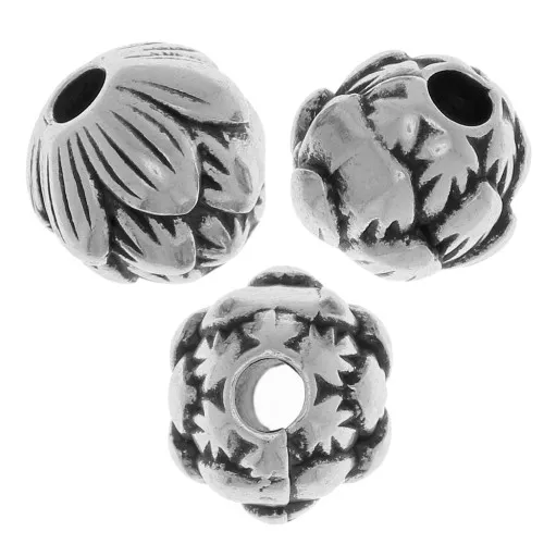 8mm Round bead flower pattern - Antique Silver Tone x1