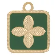14x11mm Stainless steel 316L Square flower charm epoxy resin - Gold - Fir green x1