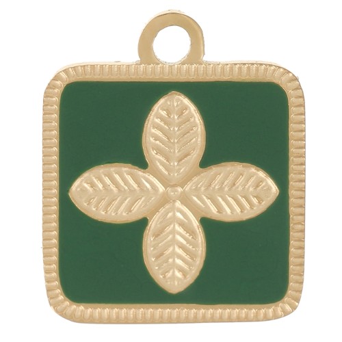 14x11mm Stainless steel 316L Square flower charm epoxy resin - Gold - Fir green x1