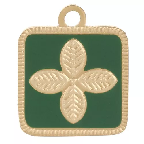 14x11mm Stainless steel 316L Square flower charm epoxy resin - Gold - Fir green x1