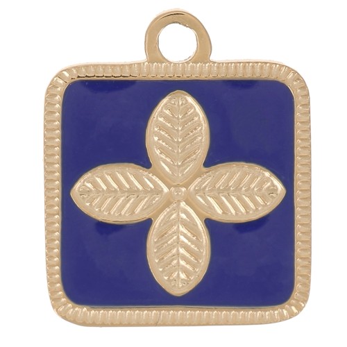 14x11mm Stainless steel 316L Square flower charm epoxy resin - Gold - Dark Blue x1