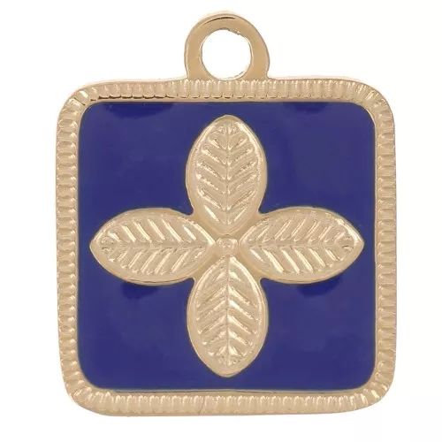 14x11mm Stainless steel 316L Square flower charm epoxy resin - Gold - Dark Blue x1