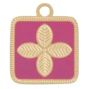 14x11mm Stainless steel 316L Square flower charm epoxy resin - Gold - Fuchsia x1