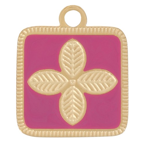 14x11mm Stainless steel 316L Square flower charm epoxy resin - Gold - Fuchsia x1
