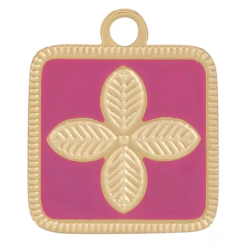 14x11mm Stainless steel 316L Square flower charm epoxy resin - Gold - Fuchsia x1