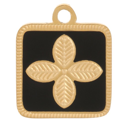 14x11mm Stainless steel 316L Square flower charm epoxy resin - Gold - Black x1