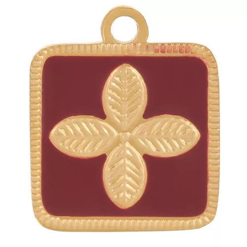 Square charm flower motif 13.5x11mm epoxy resin 304 stainless steel gold - Bordeaux