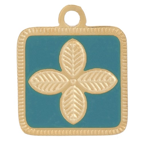 14x11mm Stainless steel 316L Square flower charm epoxy resin - Gold - Turquoise x1