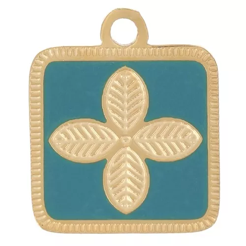 14x11mm Stainless steel 316L Square flower charm epoxy resin - Gold - Turquoise x1