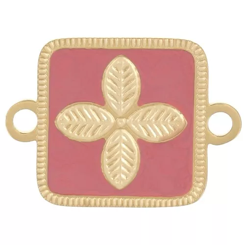 16x11mm Stainless steel 316L Square spacer - flower - epoxy resin Gold - Pink x1